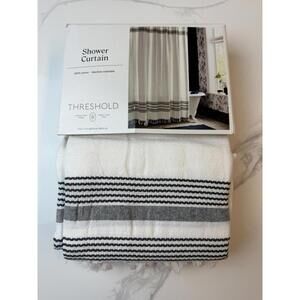 Threshold Shower Curtain Cream Black Stripe Fringe 72x72 Cotton NIB